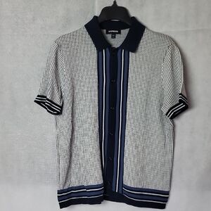 Express Men’s Navy, Light Blue & White Short Sleeve Button Polo